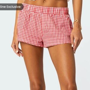 Edikted Red Checkered High Waist Shorts